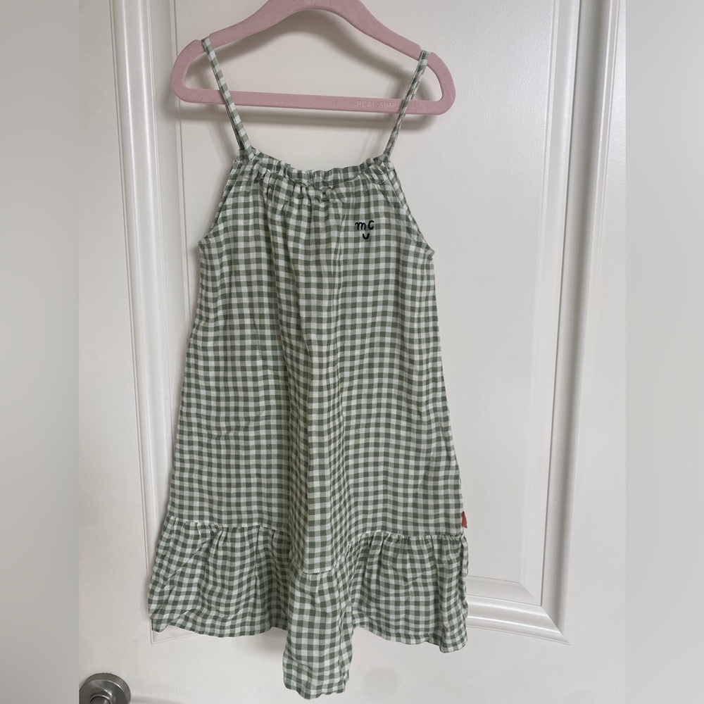 Girls Linen Green Gingham Sleeveless Dress